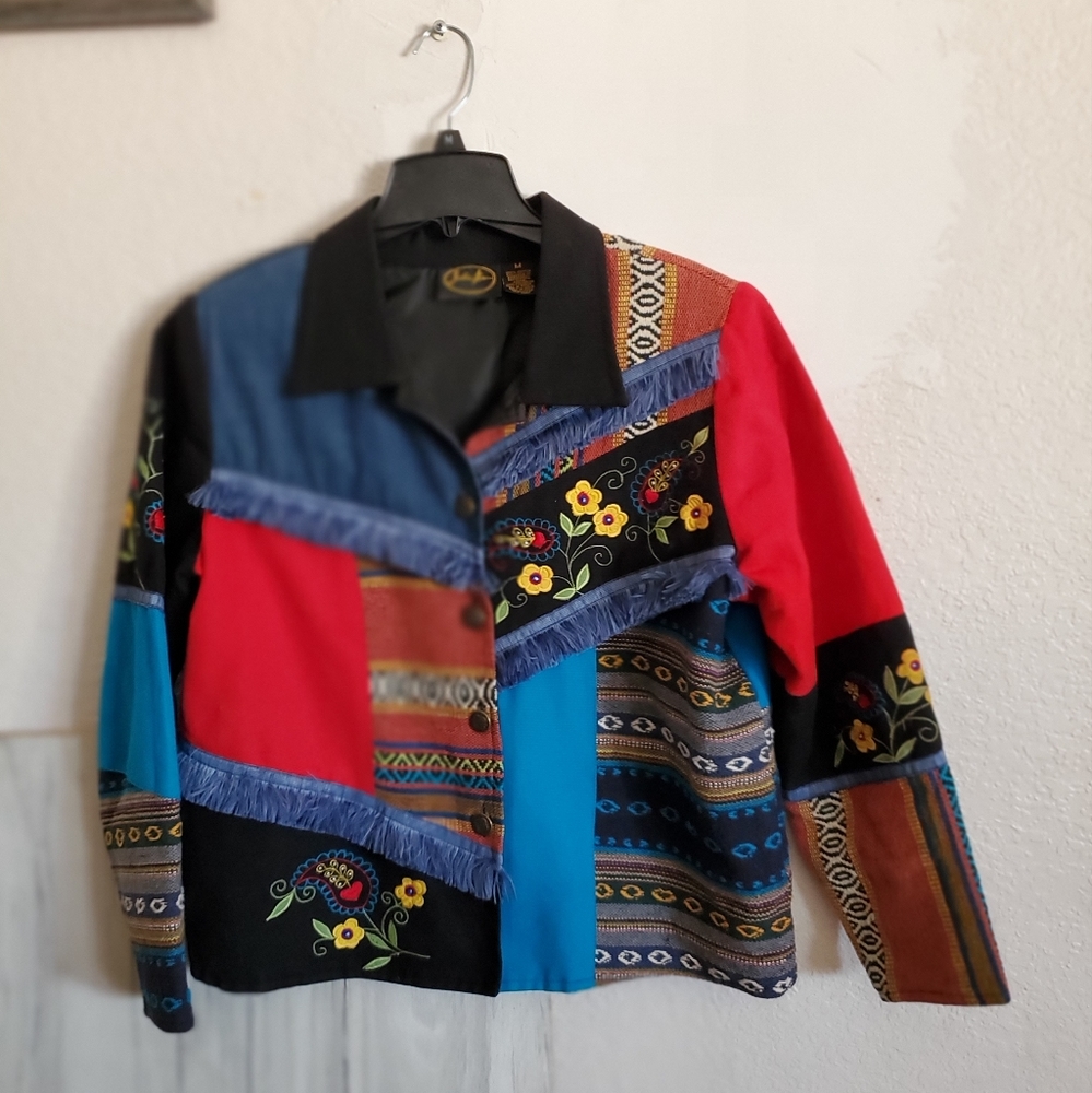 Julia Kim Artsy Jacket Patchwork Embroidered Fringe Wearable Art Boho Women's M